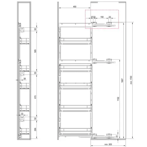 Выдвижные системы для кухонных пеналов колонна выдвижная maxima classic cargo maxi в базу 200 мм, левая