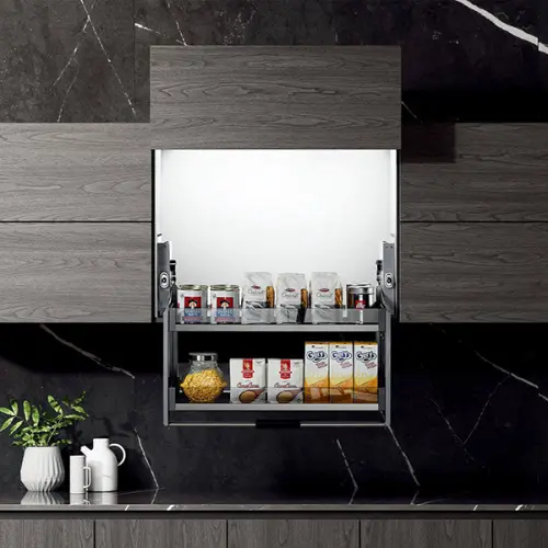 Выдвижные системы для кухонных пеналов корзина подъемная в верхнюю базу encanto на 800 мм, серый